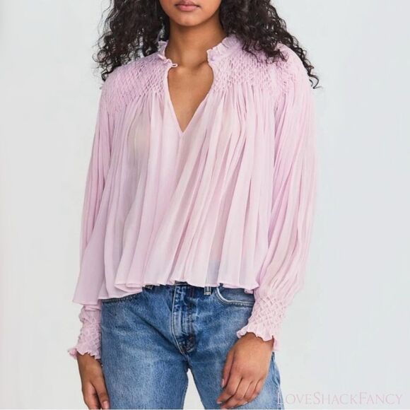 LoveShackFancy **NWT** Fernanda Smocked Chiffon Blouse Orchard Ice - Picture 1 of 15